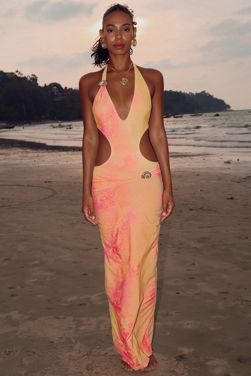 'Cerros' Watercolour Nautilus Halter Maxi Dress