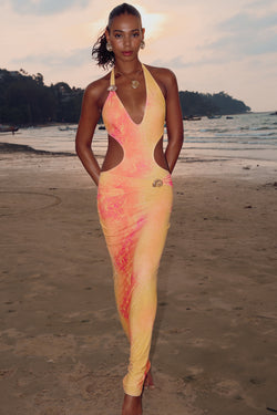 'Cerros' Watercolour Nautilus Halter Maxi Dress