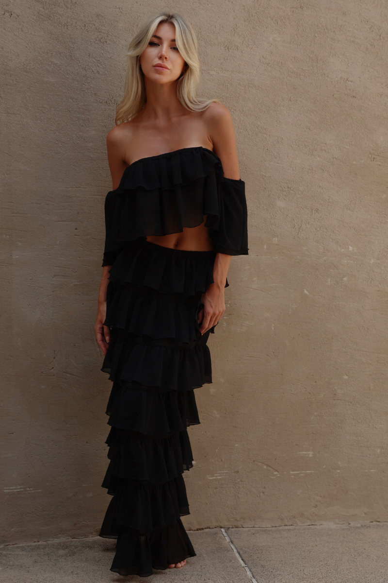 'Black' Chiffon Ruffle Off-The-Shoulder Top & Skirt Set