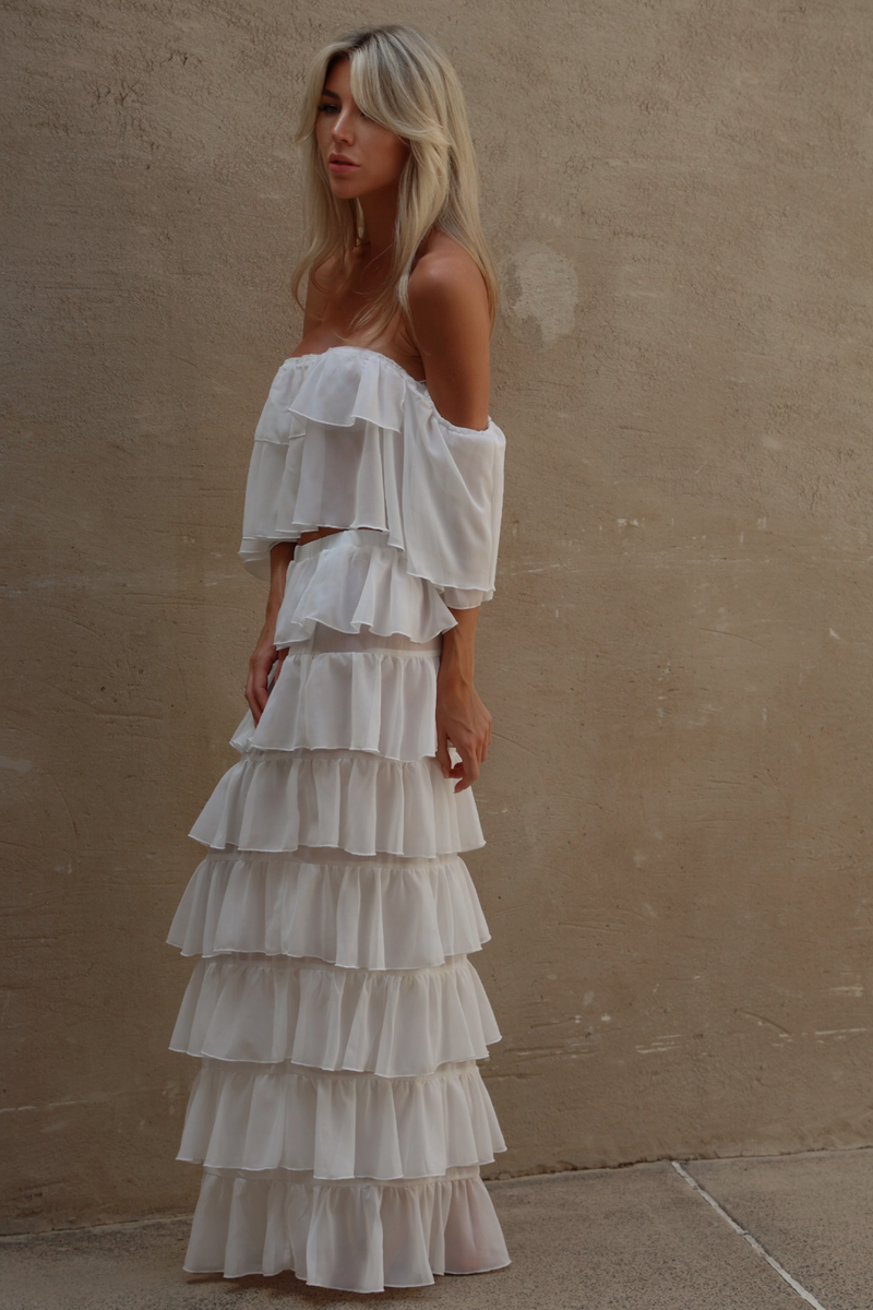 'White' Chiffon Ruffle Off-The-Shoulder Top & Skirt Set