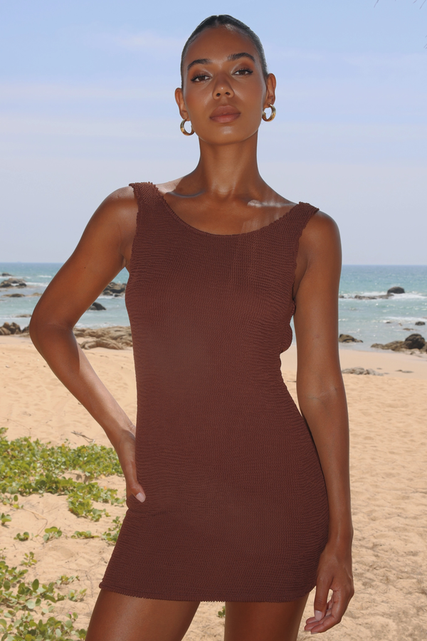'Coffee' Scrunch Low-Back Mini Dress